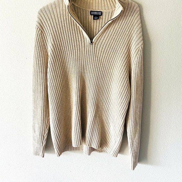 Lands’ End cream 100% cotton mens ribbed sweater - Picture 3 of 7